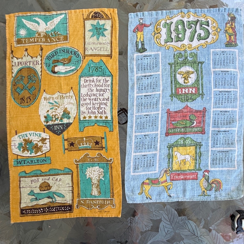 Vintage 1975 Calendar Linen Tea Towel Blue Yellow Inn Signs Wall Hanging